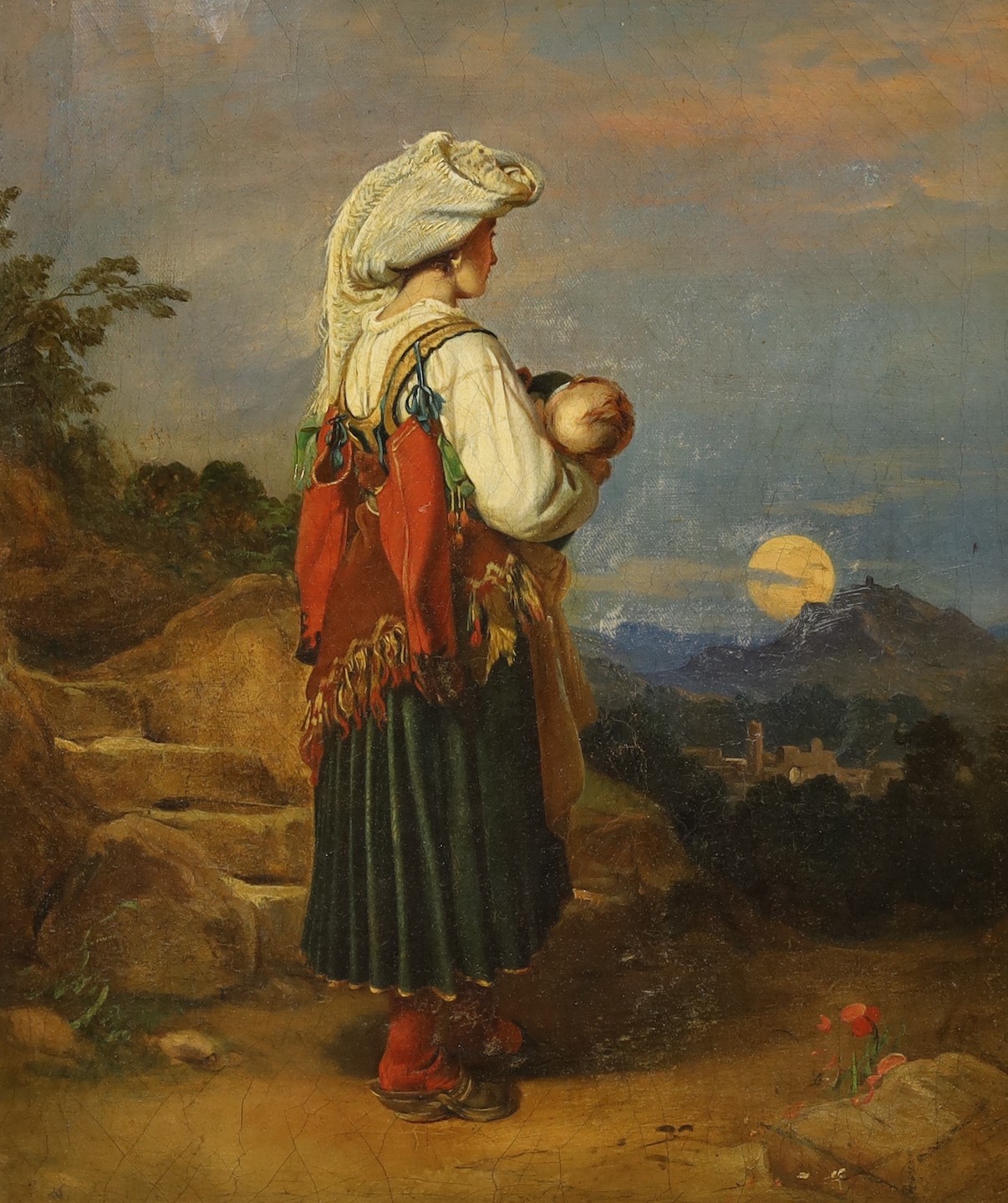 19th century Italian School, oil on canvas, Mother and child in a landscape, 40 x 35cm